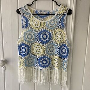 Francesca's White Crochet Tank with Blue & Yellow Accents